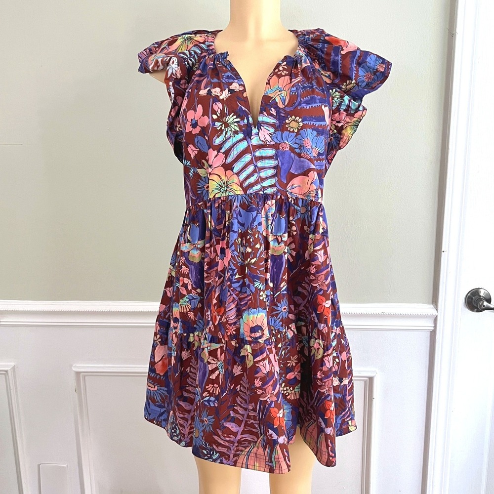 Marie Oliver Floral Tiered Mini Dress S Women‎ Flutter Sleeve V-Neck Boho Red